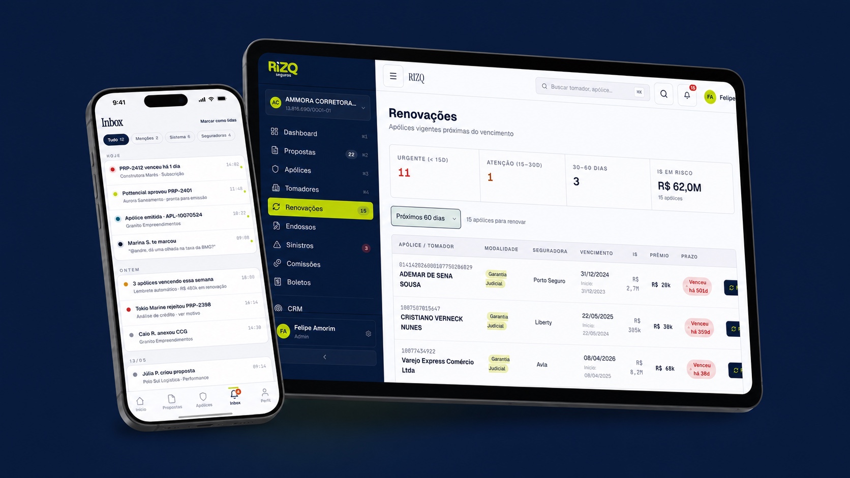 RIZQ — renovações e inbox